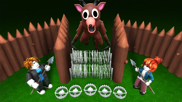 Capture du jeu Roblox 99 Nights in the Forest montrant le campement fortifié et le Cerf