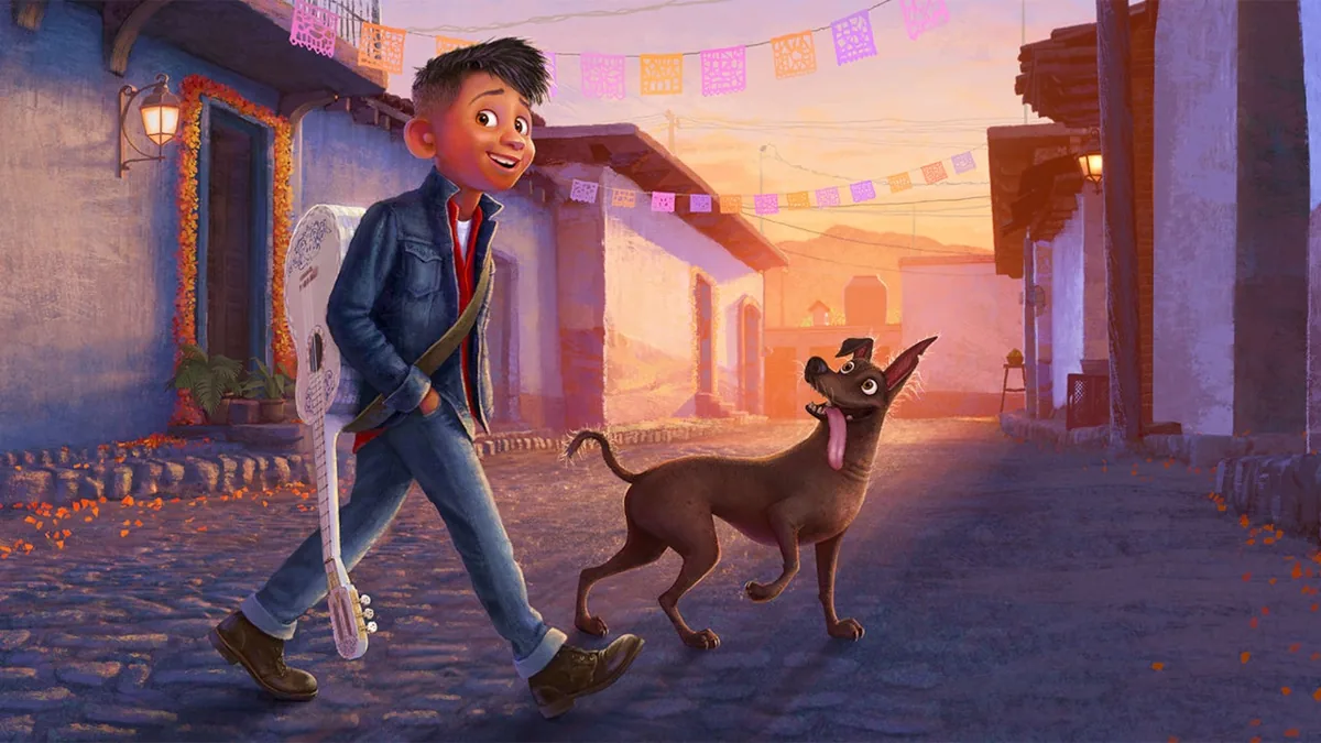 Miguel adolescent marche aux côtés de son chien Dante, concept art officiel de Coco 2 dévoilé au D23 2026