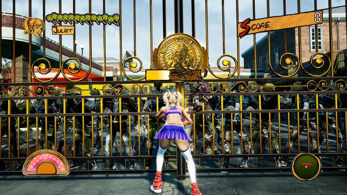 L'entrée du lycée San Romero High dans le jeu Lollipop Chainsaw RePOP, envahi par les zombies