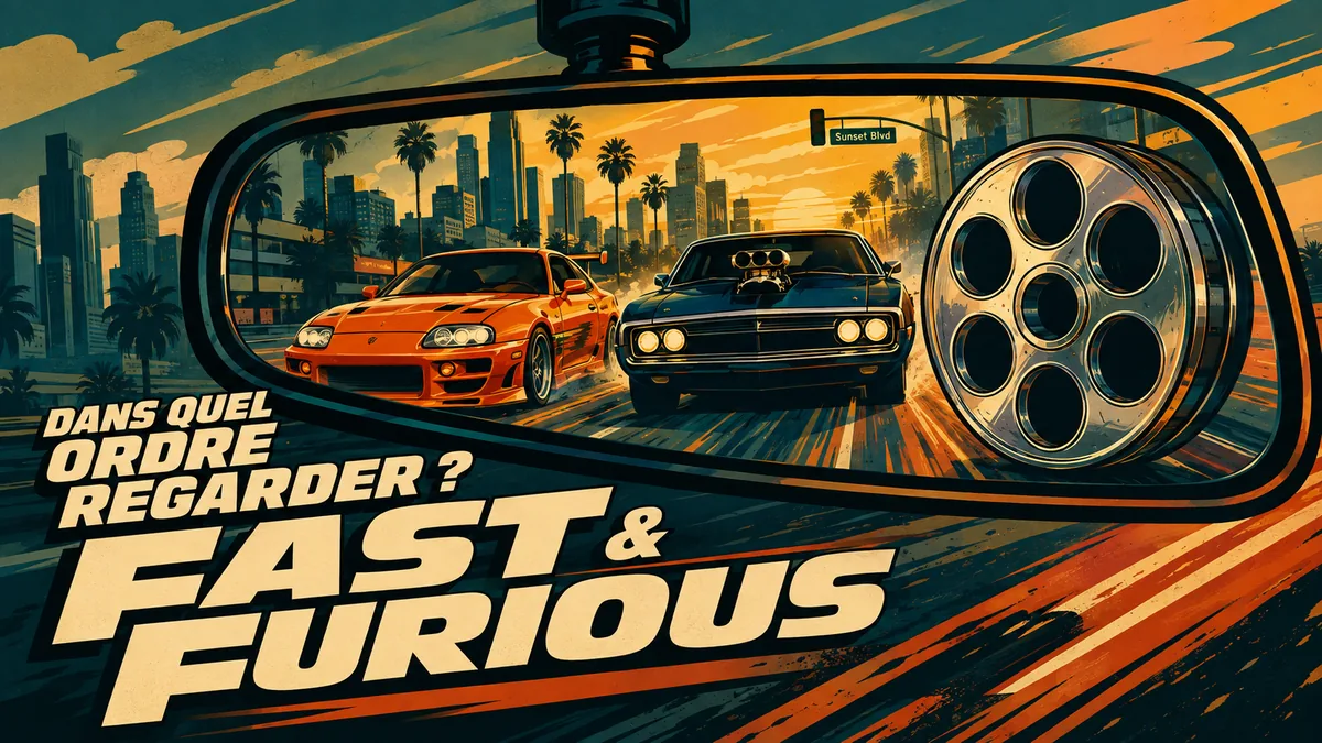 Une Toyota Supra orange et une Dodge Charger noire vues dans un rétroviseur au coucher du soleil, pour l'article Dans quel ordre regarder Fast & Furious ?