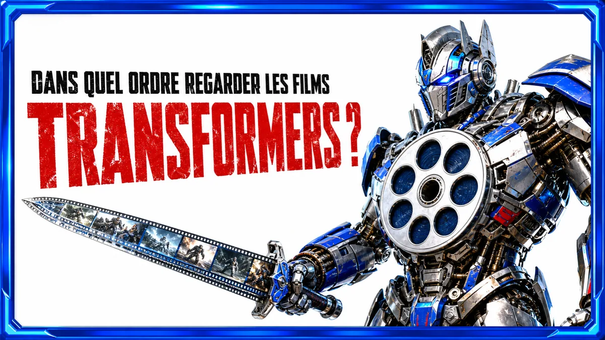 Optimus Prime tenant une épée façon pellicule de film, pour l'article Dans quel ordre regarder les films Transformers ?