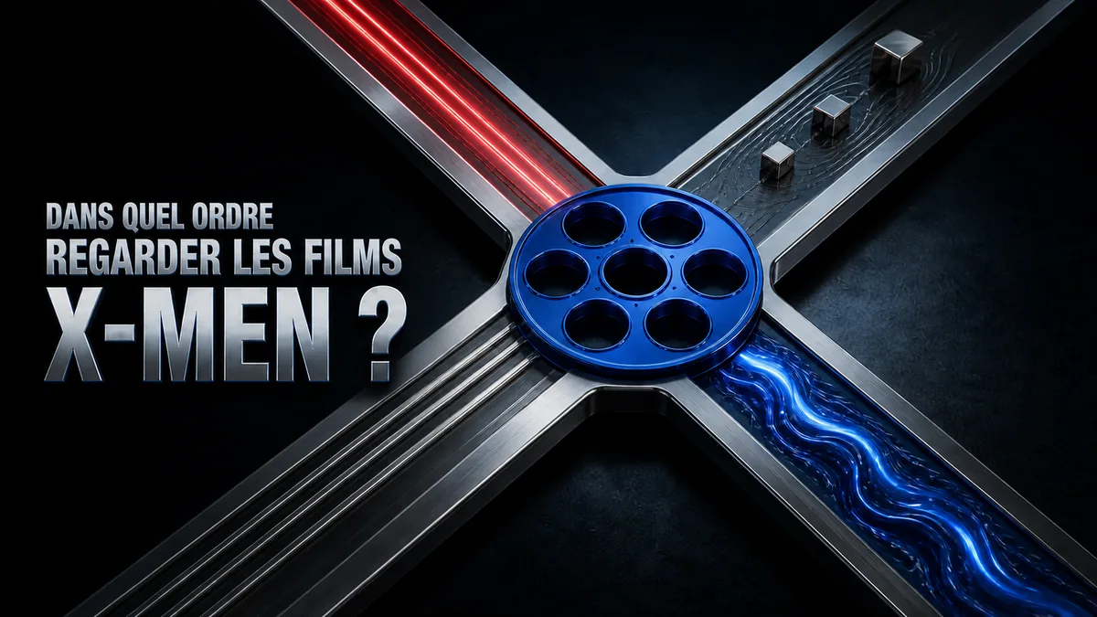 Symbole en X formé de deux rayons, rouge et bleu, se croisant autour d'une bobine de film, pour l'article Dans quel ordre regarder X-Men ?